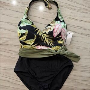 Lands' End Black Swimsuit with Green and Pink Tropical Print
